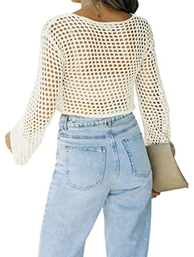 Runcati Womens Fishnet Crochet Crop Top Sexy Long Sleeve See Through Hollow Out Mesh Bikini Cover Ups White - Image 3