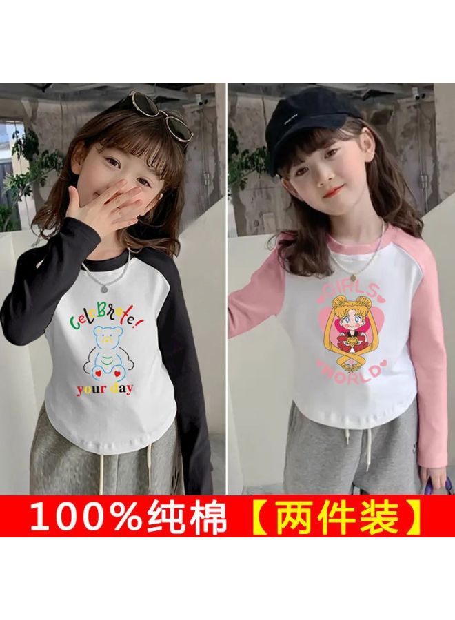 Girls' Spring & Fall New Color-blocked Pure Cotton Long-sleeved T-shirt Baby's Curved Top With Upper And Lower Hem Korean Style Western Style Bottoming Shirt