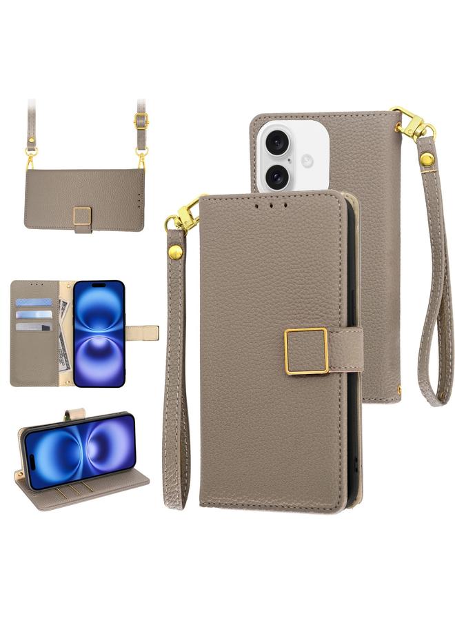 اس-توب جراب هاتف iPhone 16 Crossbody من جلد الليتشي المزخرف بمشبك مربع - Image 1