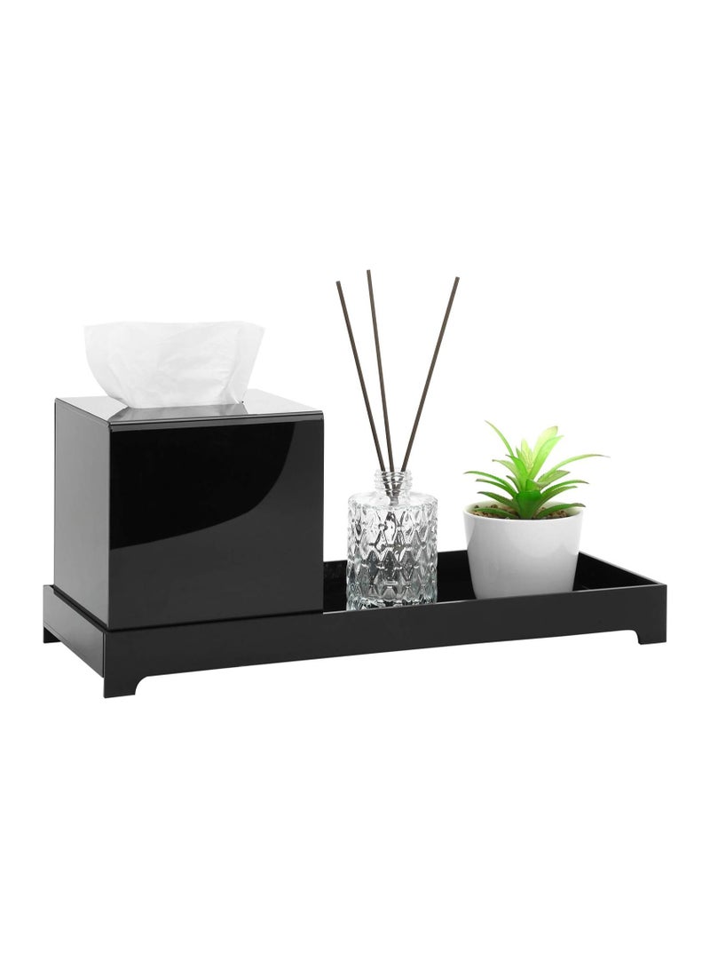 TPGP Modern Black Premium Acrylic Toilet Tank Topper Tray, Bathroom Counter Vanity Toiletry Storage Organizer with Square Tissue Box Cover, 2 Piece Set - Image 1