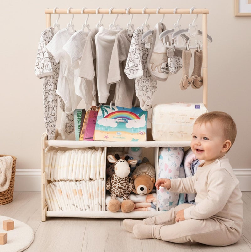 GiftAmaz 3-in-1 Wooden Baby Shower Crate Closet, Large Baby Basket for Nursery, Personalized Baby Gifts Basket, Baby Clothes Rack for Baby Shower, Newborn Boy Girl Welcome Gift for New Mom Parents - Image 1