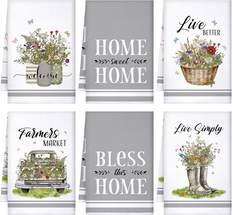 Boyiee Set of 6 Floral Kitchen Towels Wildflower Dish Towels Butterfly Truck Tea Towels 24 x 16 Inches Absorbent Hand Towels Flower Lover Housewarming Gifts for Farmhouse Kitchen Bathroom Decorations - Image 1