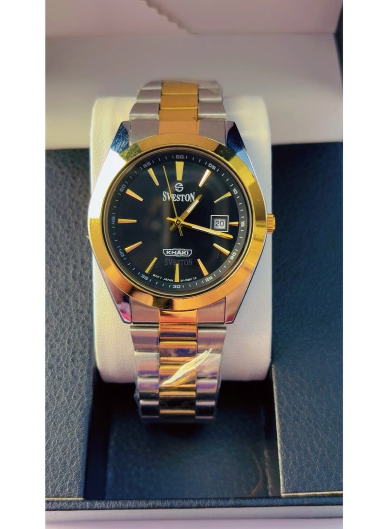 Sveston Brand New Sveston Khaki SV-10081G Analogue Watch for Men - Black Round Dial, Gold & Silver Two-Tone Stainless Steel Strap, Japan Movement & Date Window - Image 1