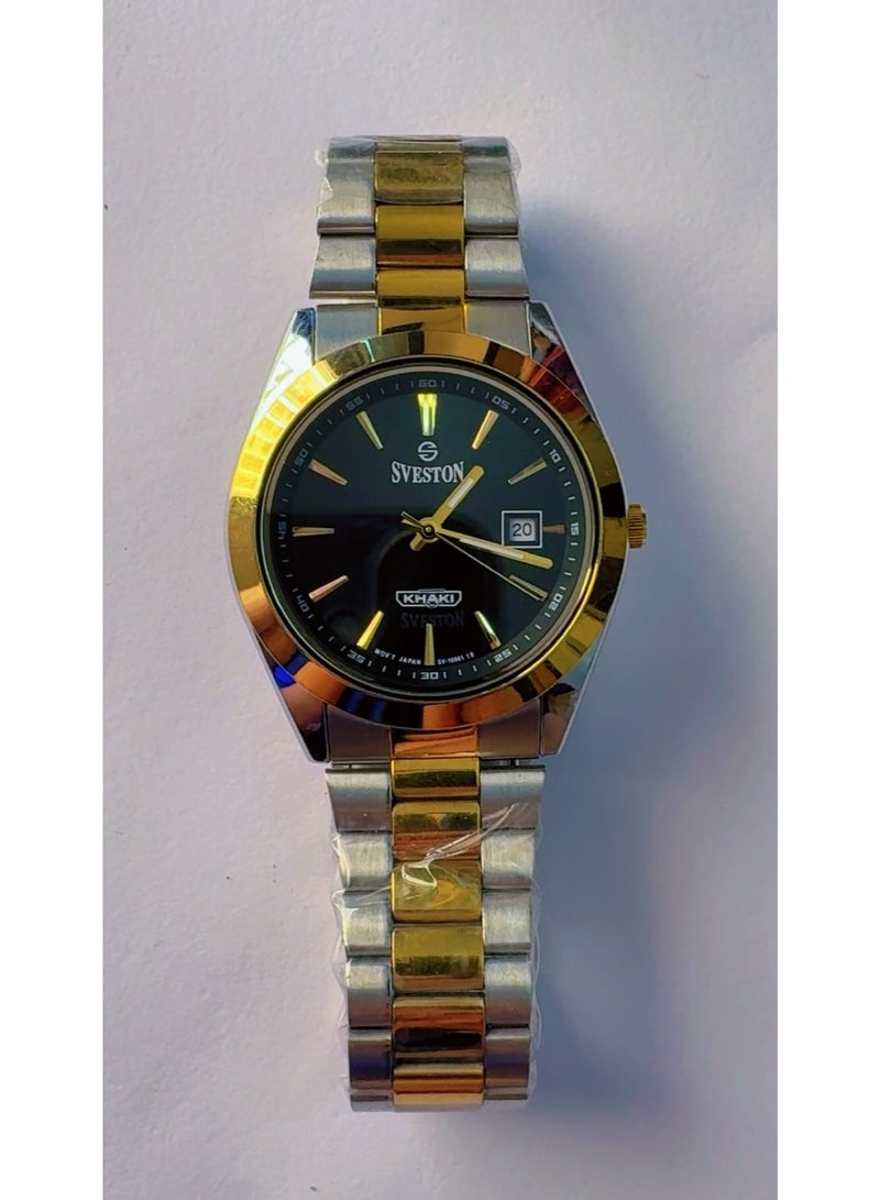Sveston Brand New Sveston Khaki SV-10081G Analogue Watch for Men - Black Round Dial, Gold & Silver Two-Tone Stainless Steel Strap, Japan Movement & Date Window - Image 2
