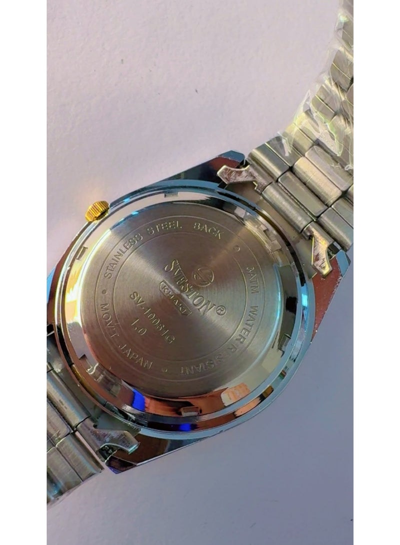 Sveston Brand New Sveston Khaki SV-10081G Analogue Watch for Men - Black Round Dial, Gold & Silver Two-Tone Stainless Steel Strap, Japan Movement & Date Window - Image 4