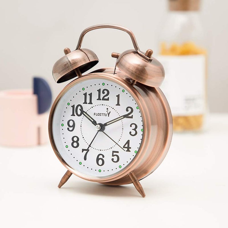 FLOITTUY {Loud Alarm for Deep Sleepers) 4'' Twin Bell Alarm Clock with Backlight for Bedroom and Home Decoration(Red-Brown) - Image 1