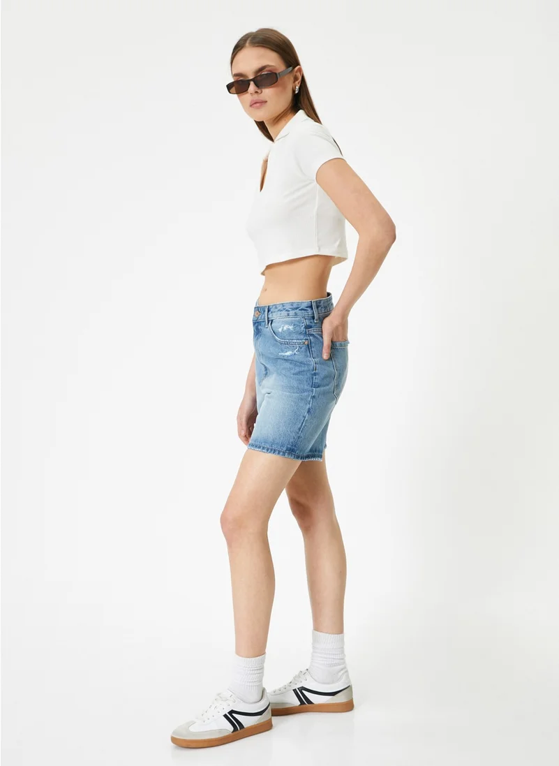 كوتون High Waist Relaxed Light Indigo Women's Shorts 4SAL40059MD