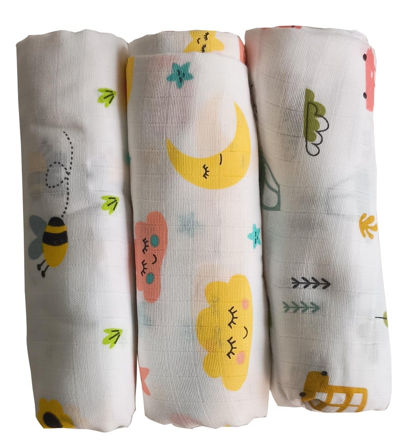 TUMMY TIME 100% Cotton Muslin Baby Swaddle Set, Pack of 3, Printed on White, 0-18 Month+, Printed Mulmul Muslin Swaddle Wrap for New Born Baby - Image 5