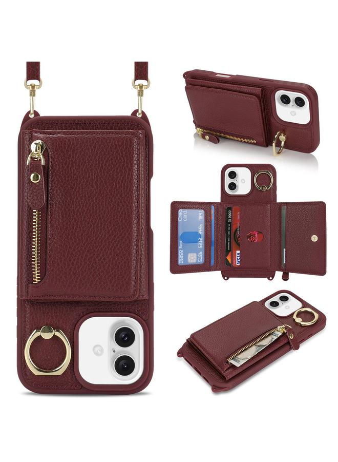 S-TOP Case For iPhone 16 Crossbody Zipper Wallet Ring Holder Litchi Leather Phone Case - Image 1