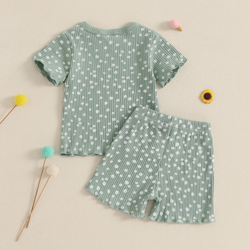 allshope Toddler Baby Girl Summer Outfit Short Sleeve T Shirt Top Casual Shorts Set Infant Newborn Clothes 6 12 18 24 Month (Floral Green, 12-18 Months) - Image 3
