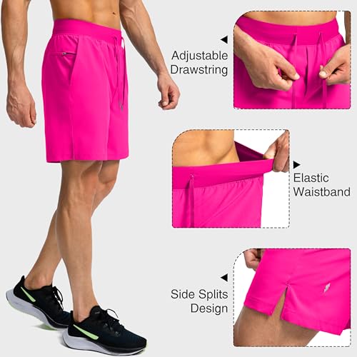 Soothfeel Men's Running Shorts with Zipper Pockets 7 Inch Lightweight Quick Dry Gym Athletic Workout Shorts for Men (Hot Pink, M) - Image 4