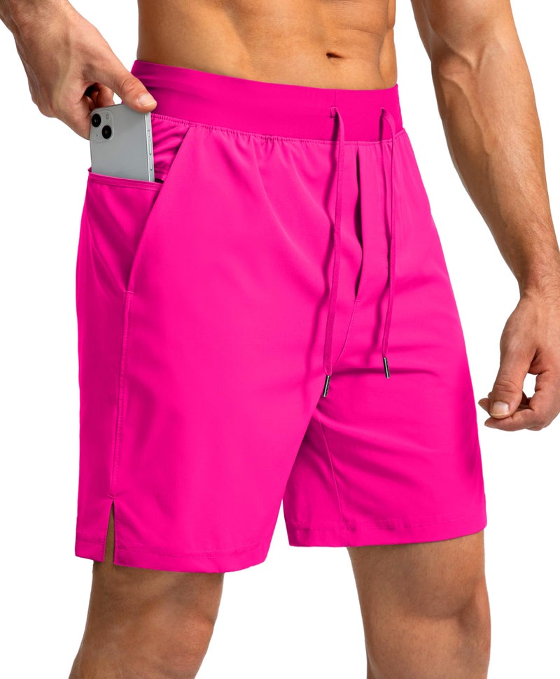 Soothfeel Men's Running Shorts with Zipper Pockets 7 Inch Lightweight Quick Dry Gym Athletic Workout Shorts for Men (Hot Pink, M) - Image 1