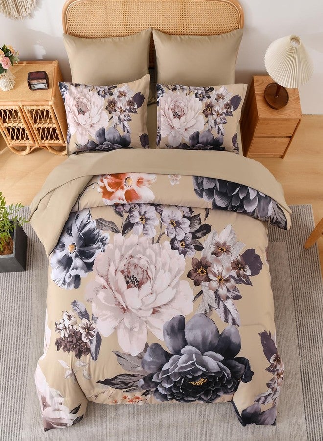 Dintszyayue Queen Comforter Set Beige 7 Pieces Bed in a Bag, Floral Bedding Sets Elegant Flower Bed Set Lightweight Comforter for All Season with Flat Sheet, Fitted Sheets, Pillowcases & Shams - Image 3