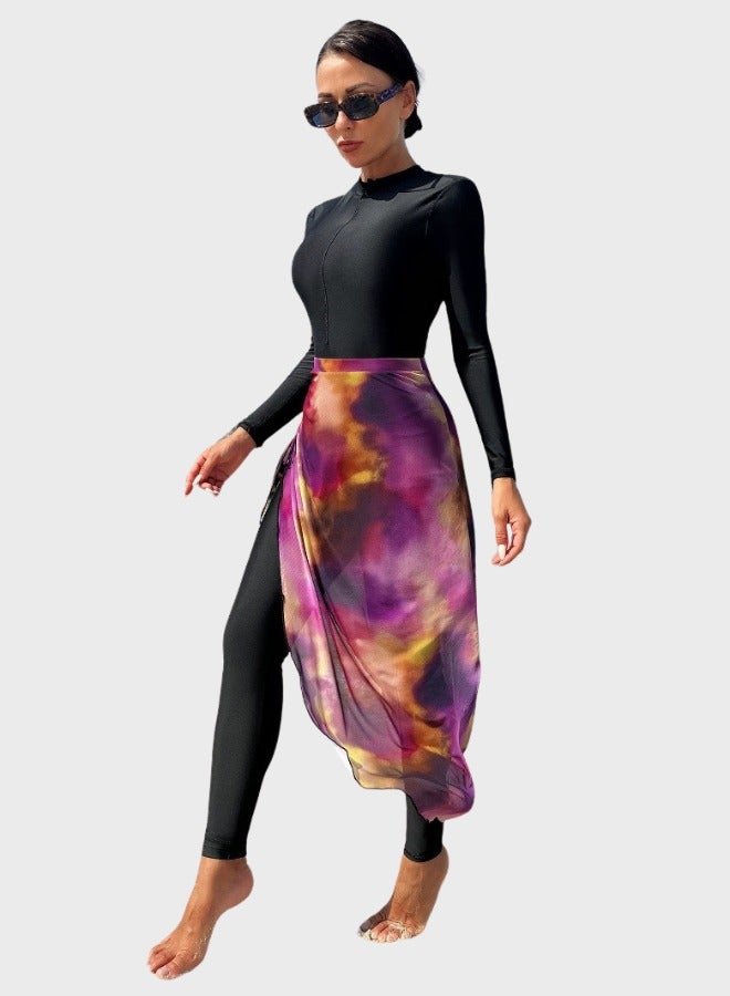 Fianser Burkini Swimsuit Set One-Piece Long Sleeve Swimwear with Wrap Skirt Chiffon Fabric Zipper Sun Protection Conservative Diving Surfing Suit for Beach Outdoor Everyday Wear - Image 4