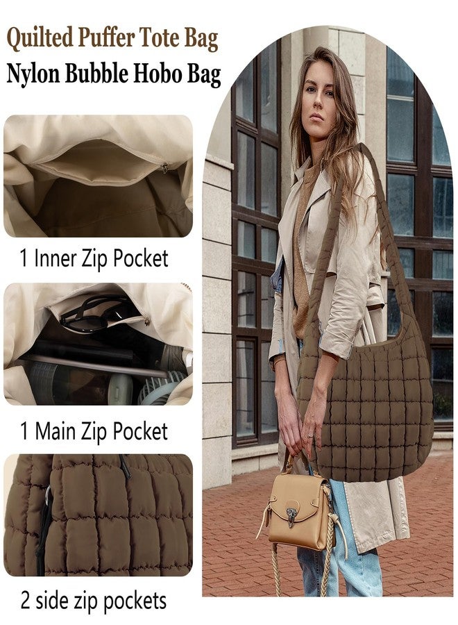 Iqimott Quilted Puffer Tote Bag Large Crossbody Shoulder Bag with Zipper, Nylon Bubble Hobo Bags Travel Top Handle Handbag for Women, Oversized Padding Quilted Bag Soft Large Carryall Bag (Brown) - Image 4