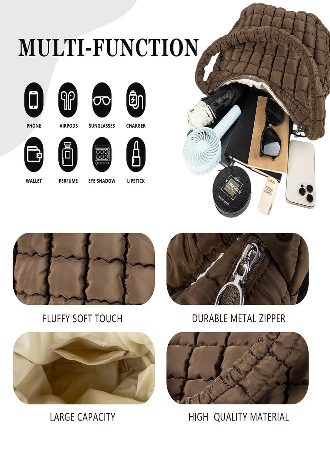 Iqimott Quilted Puffer Tote Bag Large Crossbody Shoulder Bag with Zipper, Nylon Bubble Hobo Bags Travel Top Handle Handbag for Women, Oversized Padding Quilted Bag Soft Large Carryall Bag (Brown) - Image 3