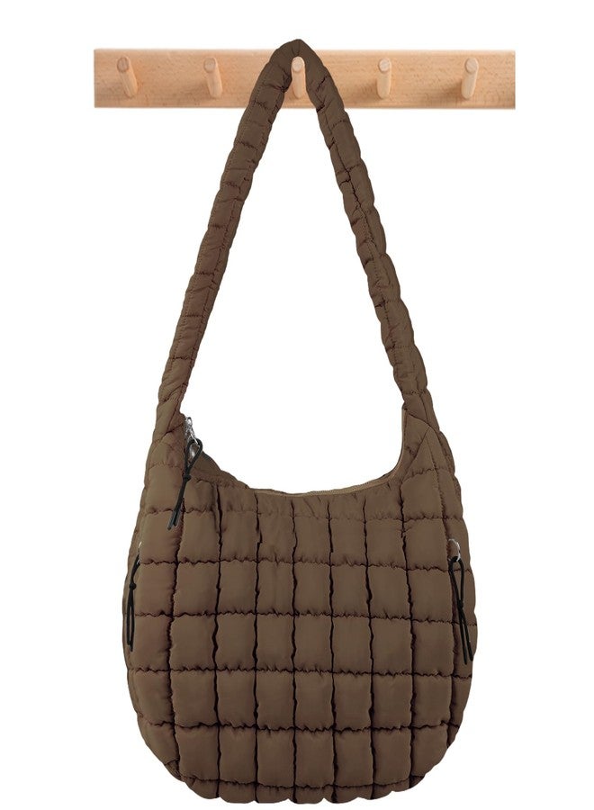 Iqimott Quilted Puffer Tote Bag Large Crossbody Shoulder Bag with Zipper, Nylon Bubble Hobo Bags Travel Top Handle Handbag for Women, Oversized Padding Quilted Bag Soft Large Carryall Bag (Brown) - Image 1