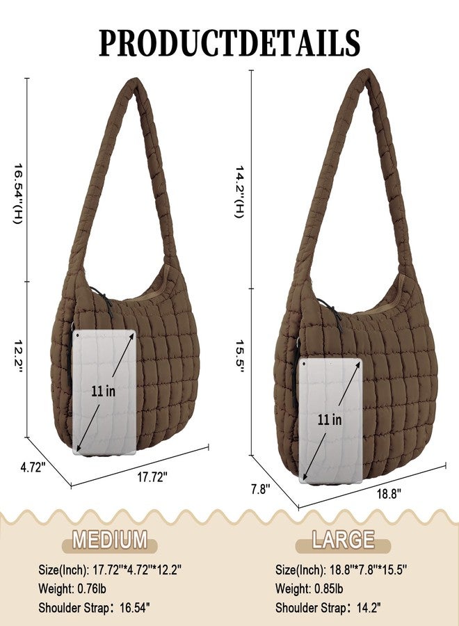 Iqimott Quilted Puffer Tote Bag Large Crossbody Shoulder Bag with Zipper, Nylon Bubble Hobo Bags Travel Top Handle Handbag for Women, Oversized Padding Quilted Bag Soft Large Carryall Bag (Brown) - Image 2