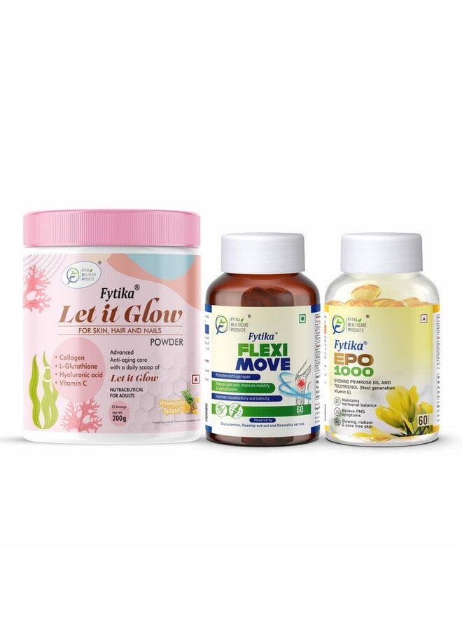 Fytika Let it Glow Pineapple, Collagen Powder-200G + Fytika Flexi Move| Glucosamine, Rosehip Powder extract-60 Tabs + Fytika EPO 1000 Evening Primrose Oil-60 Softgel - Image 1