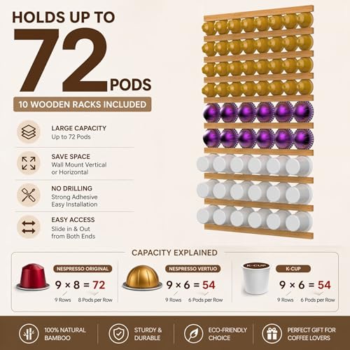 VOMELON K Cup HolderWooden Coffee Pod Holder10 PCS Under Cabinets Wall Mounte VerticallyHorizontallyCoffee Pod Storage for Coffee Shop Desktop Office and Kitchen Bamboo Wood - Image 3