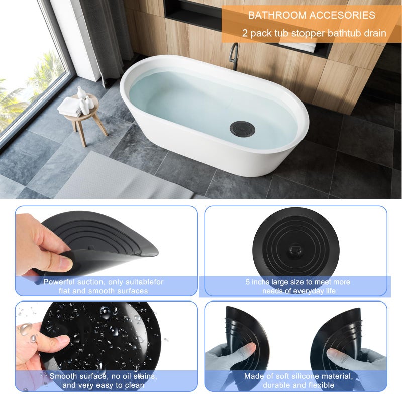 V-TOP Bathtub Drain Stopper 2 Pack, 5 inches Silicone Tub Stopper Shower Drain Cover, Bath Tub Plug Hair Stopper,Universal Flat Suction Renter Friendly Bath Accessories - Image 4