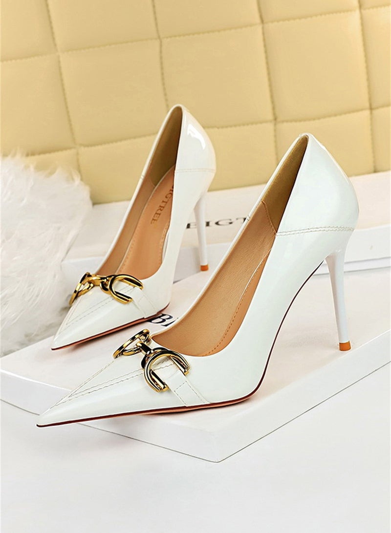 BIGTREE 10.5cm European And American High Heels Bright Surface Patent Leather Shallow Mouth Pointed OL Metal Single Shoes White - Image 1