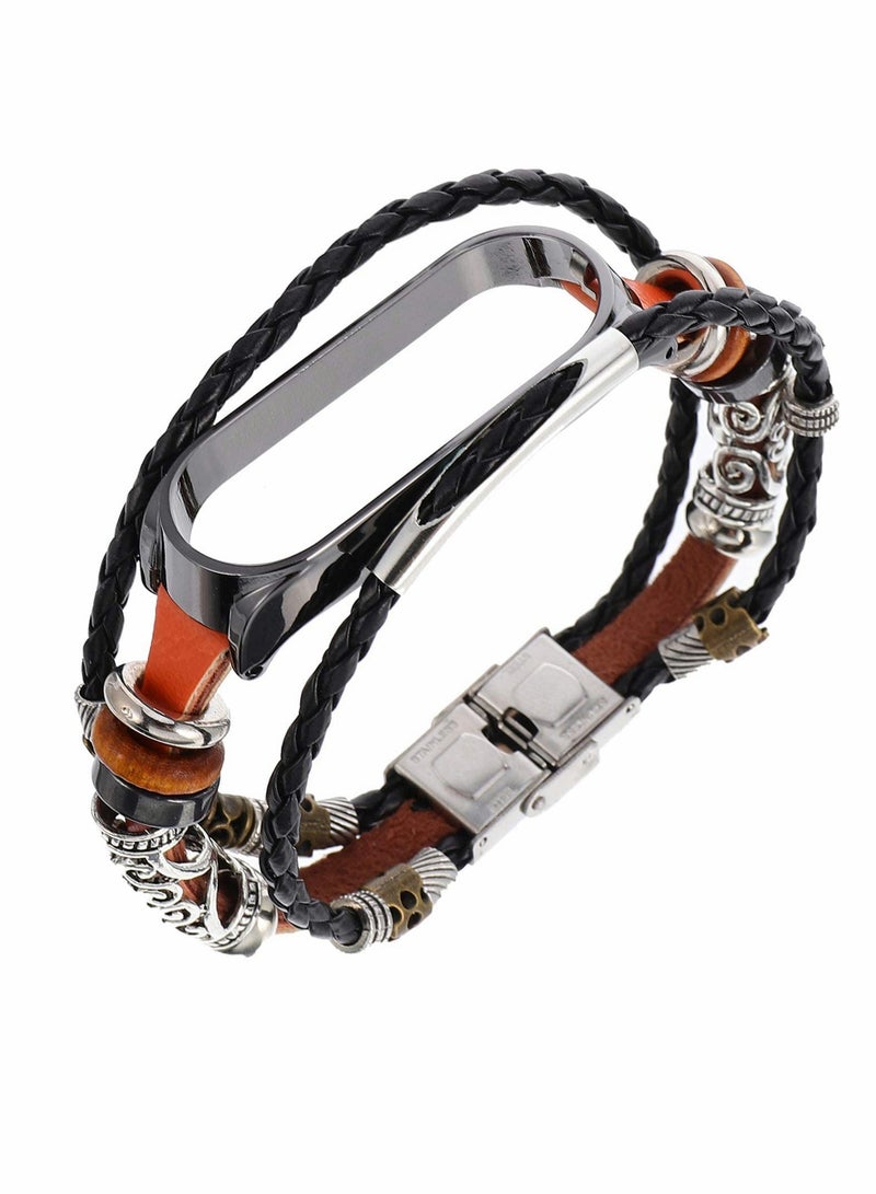 Excefore Wrist Strap for Mi Band 5, PU Leather Band with Lightweight Metal Frame DIY Handmade Beaded Retro Ethnic Style Watchband,Replacement Watch Strap with Case for Women Men - Image 1