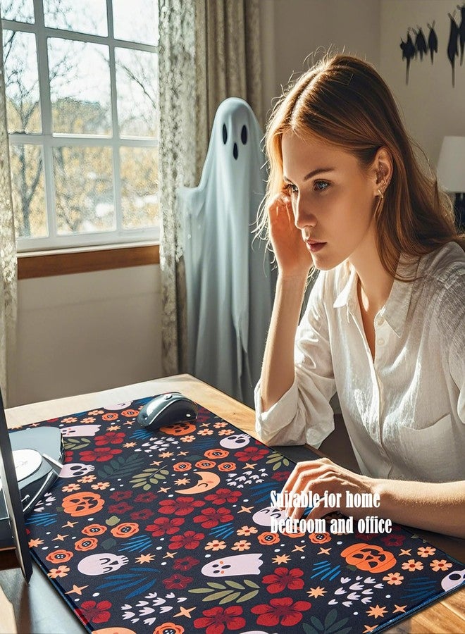 Armindou Halloween Skull Desk Mouse Pad, 16x36 Inch Large Gaming Fall Desk Mat for Desktop Computer Keyboard Office Pad, XXL Flowers Pumpkins Mouse Pads, Non-Slip Base, Neoprene Backing and Jersey Surface - Image 2