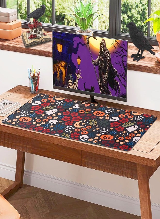 Armindou Halloween Skull Desk Mouse Pad, 16x36 Inch Large Gaming Fall Desk Mat for Desktop Computer Keyboard Office Pad, XXL Flowers Pumpkins Mouse Pads, Non-Slip Base, Neoprene Backing and Jersey Surface - Image 5