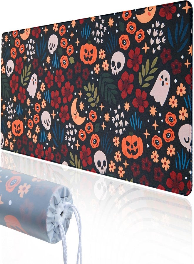 Armindou Halloween Skull Desk Mouse Pad, 16x36 Inch Large Gaming Fall Desk Mat for Desktop Computer Keyboard Office Pad, XXL Flowers Pumpkins Mouse Pads, Non-Slip Base, Neoprene Backing and Jersey Surface - Image 1