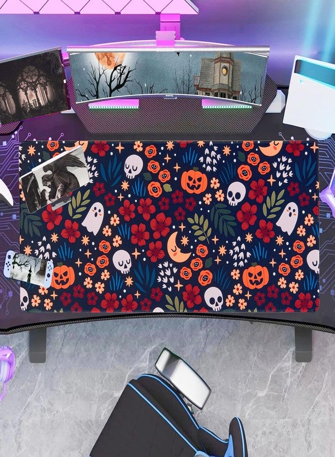 Armindou Halloween Skull Desk Mouse Pad, 16x36 Inch Large Gaming Fall Desk Mat for Desktop Computer Keyboard Office Pad, XXL Flowers Pumpkins Mouse Pads, Non-Slip Base, Neoprene Backing and Jersey Surface - Image 3