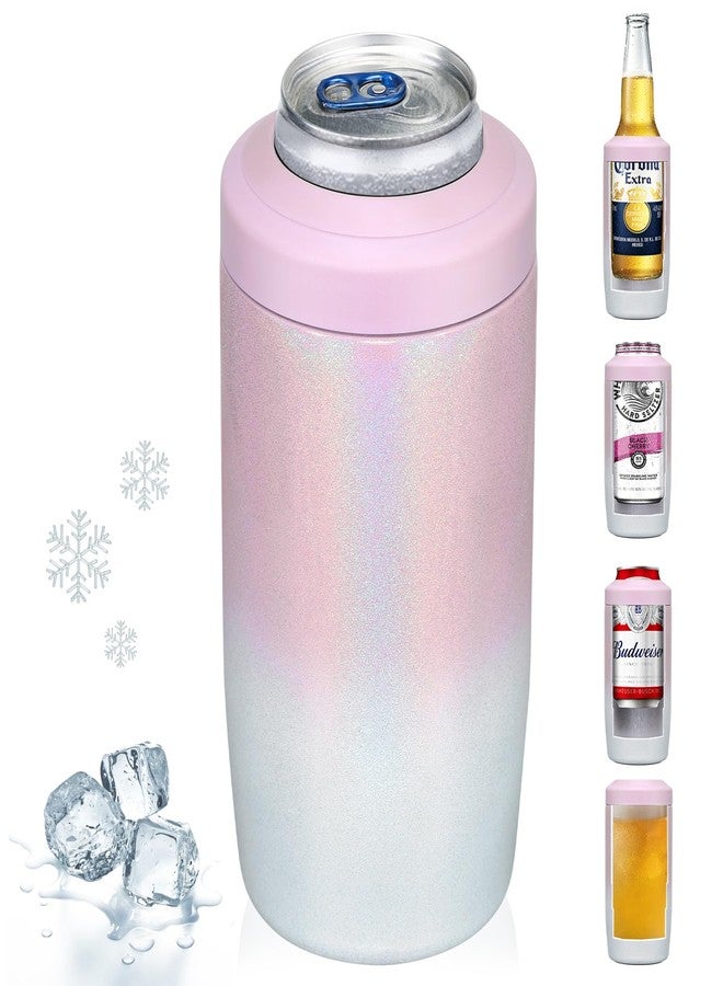 MAXSO Slim Can Cooler, 4-in-1 Double Walled Stainless Steel Insulated Beer Can Holder, Works With All 12 Oz Cans,Bottles & As A Pint Cups - Gradual Pink White - Image 1