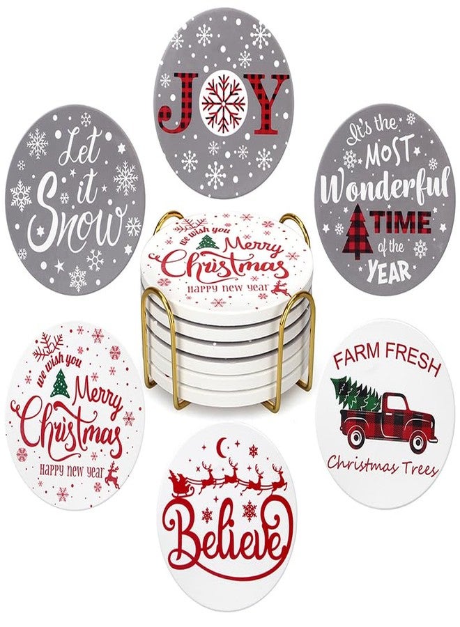 Renawe 6 Pcs Ceramic Christmas Coasters Absorbent Drink Coasters with Holder Cute Xmas Coaster Set Decorative Coffee Table Decor Coaster Funny Christmas Decoration Housewarming Gift Festive Cup Coasters - Image 1