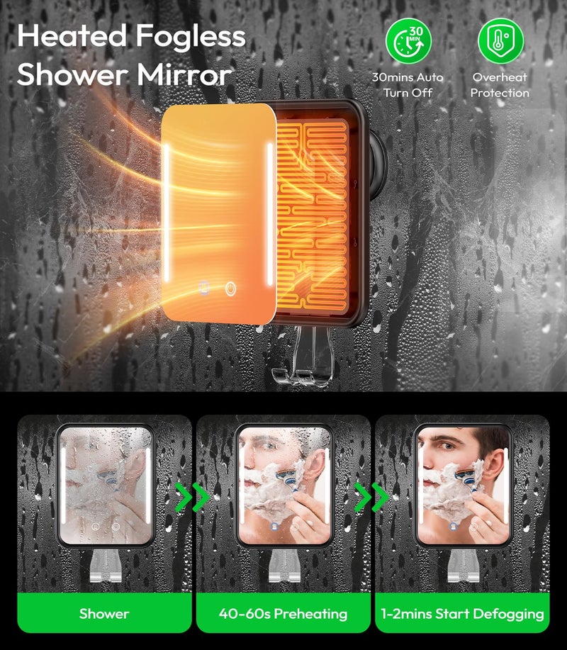 Glowtop Lighted Shower Mirror Fogless For Shaving With Light  5000Mah Heated Fogless Mirror For Shower  Detachable Razor Holder And Suction Cup For Wall  No-Drilling  Waterproof For Bathroom (Black) - Image 3