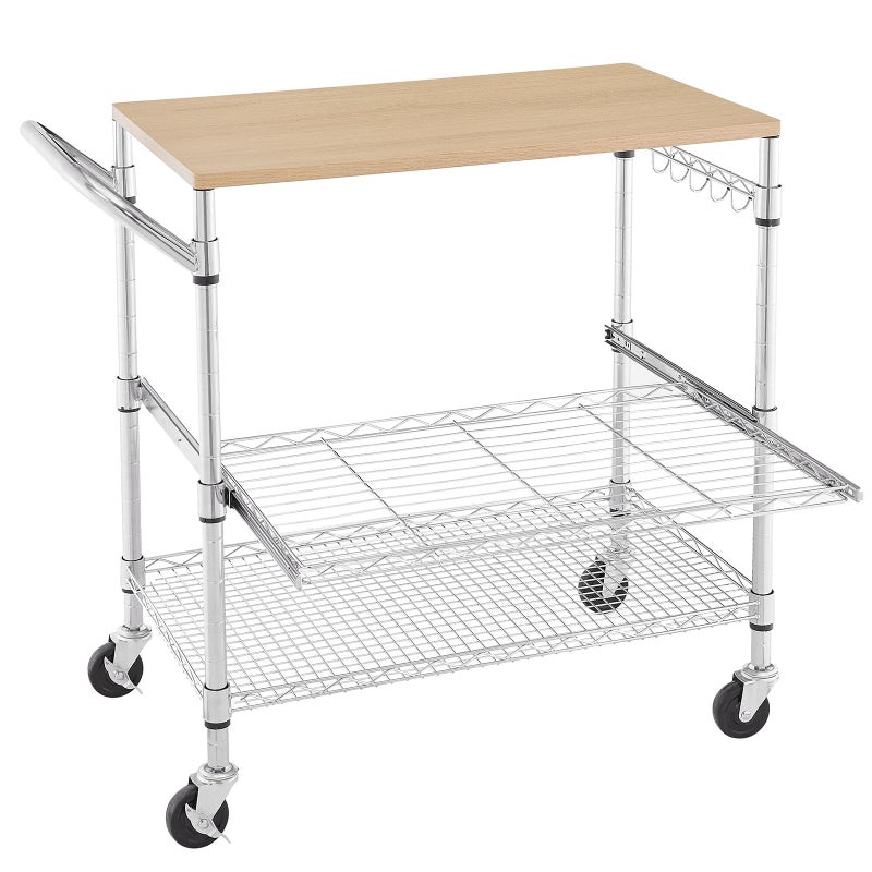 3 Tier Rolling Kitchen Cart with Wood Tabletop Kitchen Island Carts with Wheels  Slider Shelf Microwave Cart on Wheels Coffee Cart with Hooks 354 L181 W319 HWoodChrome