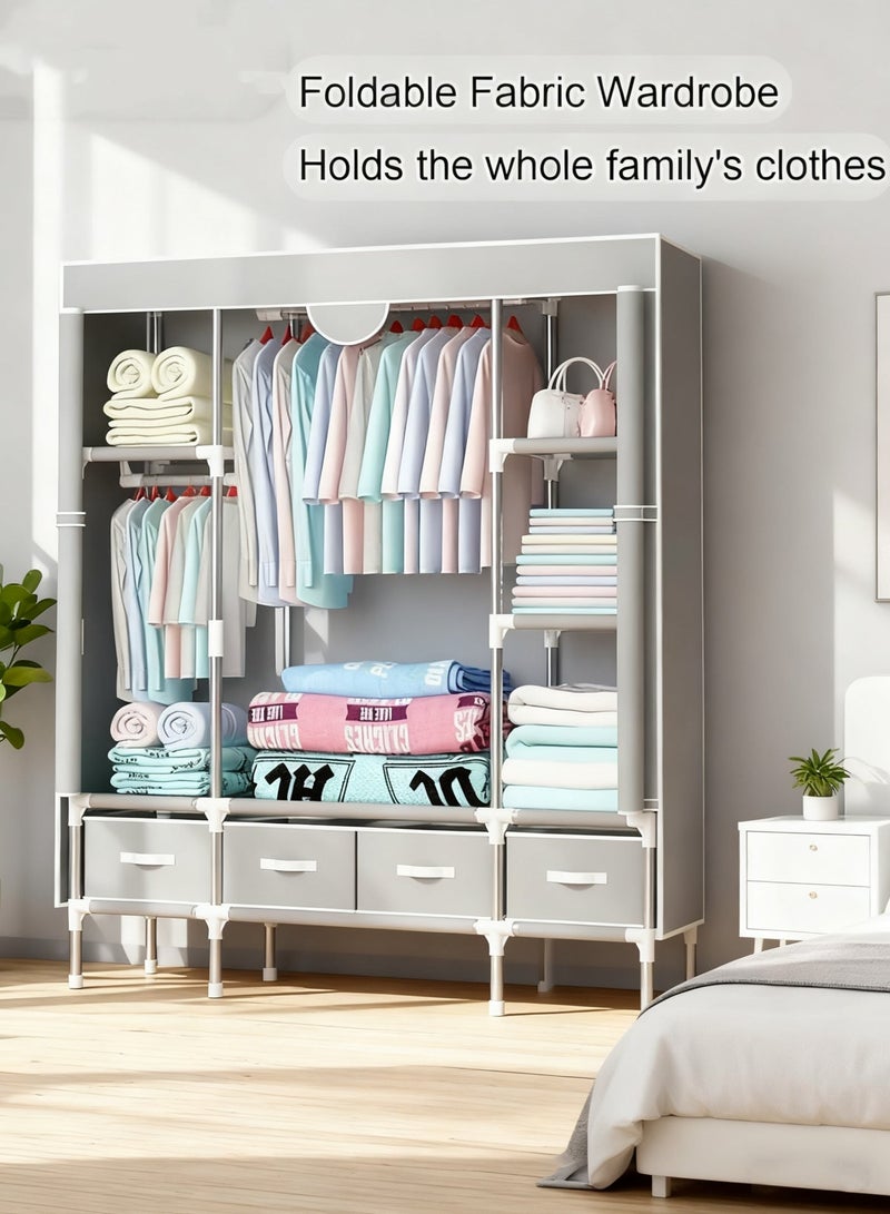مس تيارا خزانة ملابس من القماش مع أربعة أدراج بسحاب وغطاء غير منسوج قابل للطي وقضيب تعليق ورف منظم للملابس من القماش قائم بذاته لغرفة النوم والمنزل - Image 2