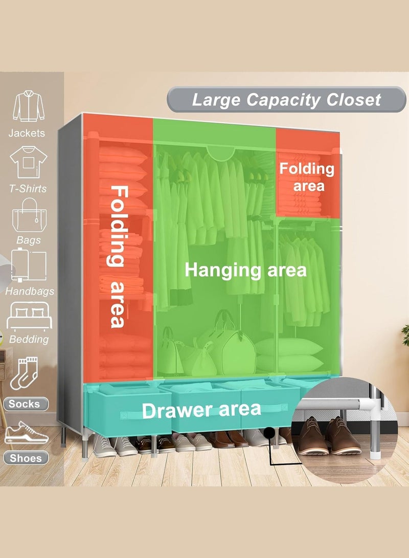 مس تيارا خزانة ملابس من القماش مع أربعة أدراج بسحاب وغطاء غير منسوج قابل للطي وقضيب تعليق ورف منظم للملابس من القماش قائم بذاته لغرفة النوم والمنزل - Image 5