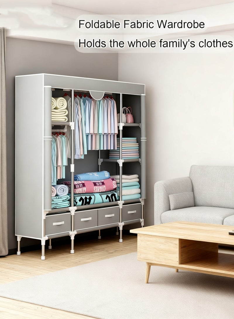 مس تيارا خزانة ملابس من القماش مع أربعة أدراج بسحاب وغطاء غير منسوج قابل للطي وقضيب تعليق ورف منظم للملابس من القماش قائم بذاته لغرفة النوم والمنزل - Image 3