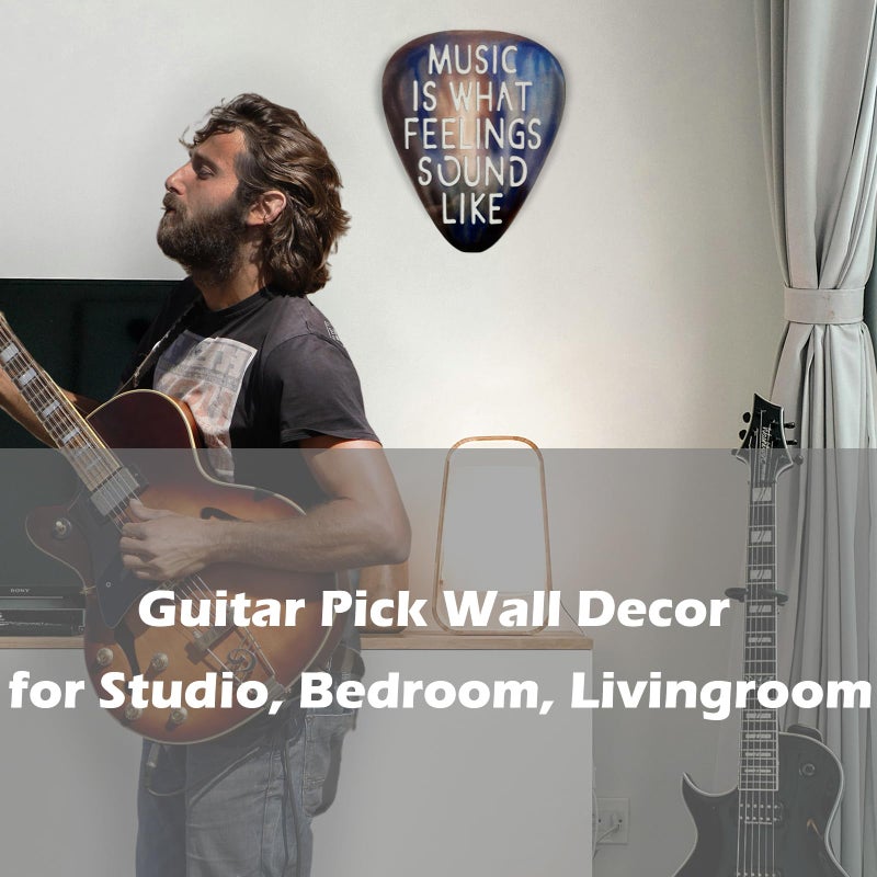 AZEZO Metal Guitar Pick DÃ©cor, 12â€™â€™x10â€™â€™ Music Wall Art, Stainless Guitar Wall Art, Featuring â€˜Music Is What Feelings Sound Likeâ€™ - Image 2