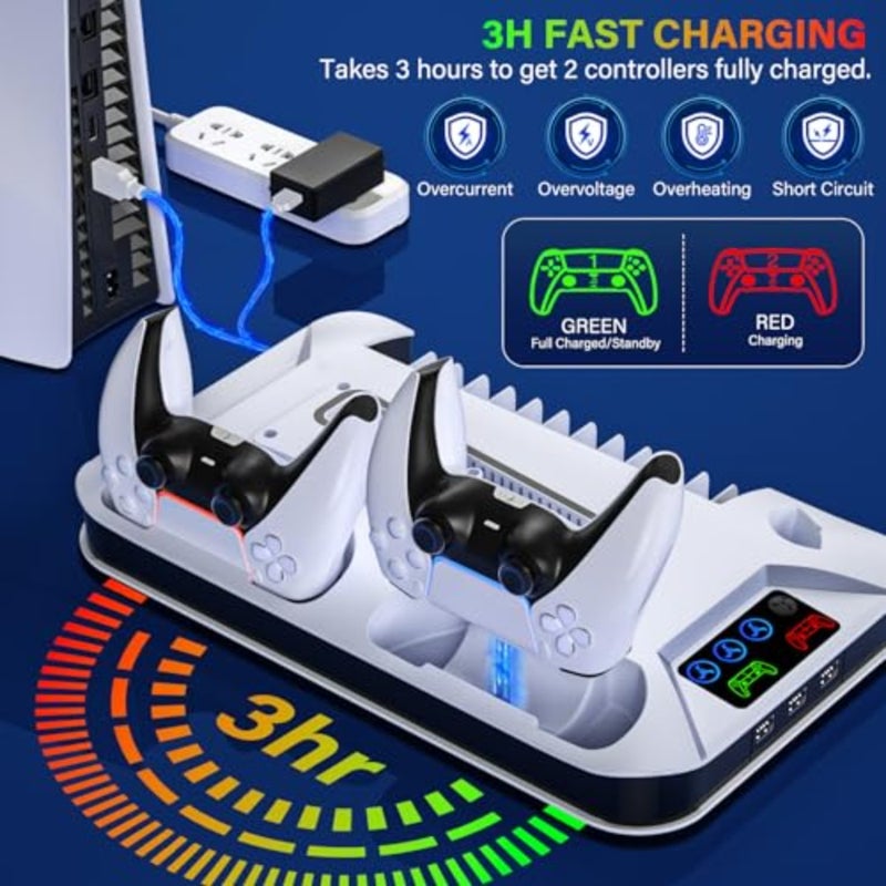 PS5 Cooling Station with Controller Charging Station for PlayStation 5 Slim, Standard, and Pro Consoles USB-C USB-A Compatible 3-Port USB Hub Dual Cooling Fans Home Office Use Black - Image 3