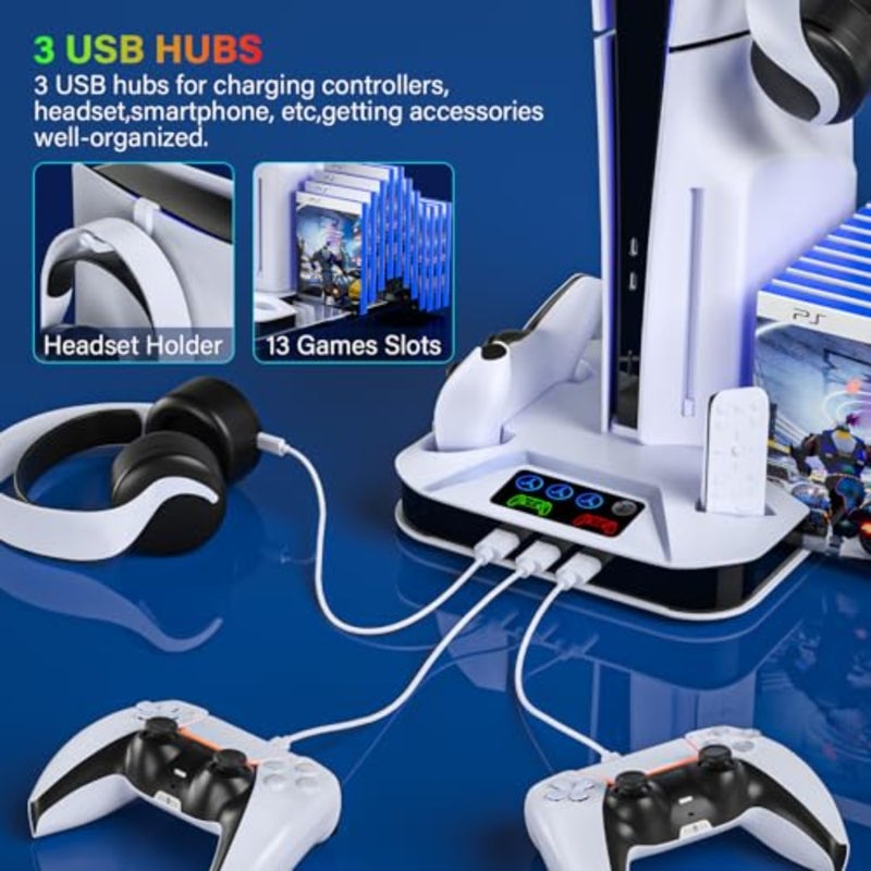 PS5 Cooling Station with Controller Charging Station for PlayStation 5 Slim, Standard, and Pro Consoles USB-C USB-A Compatible 3-Port USB Hub Dual Cooling Fans Home Office Use Black - Image 4