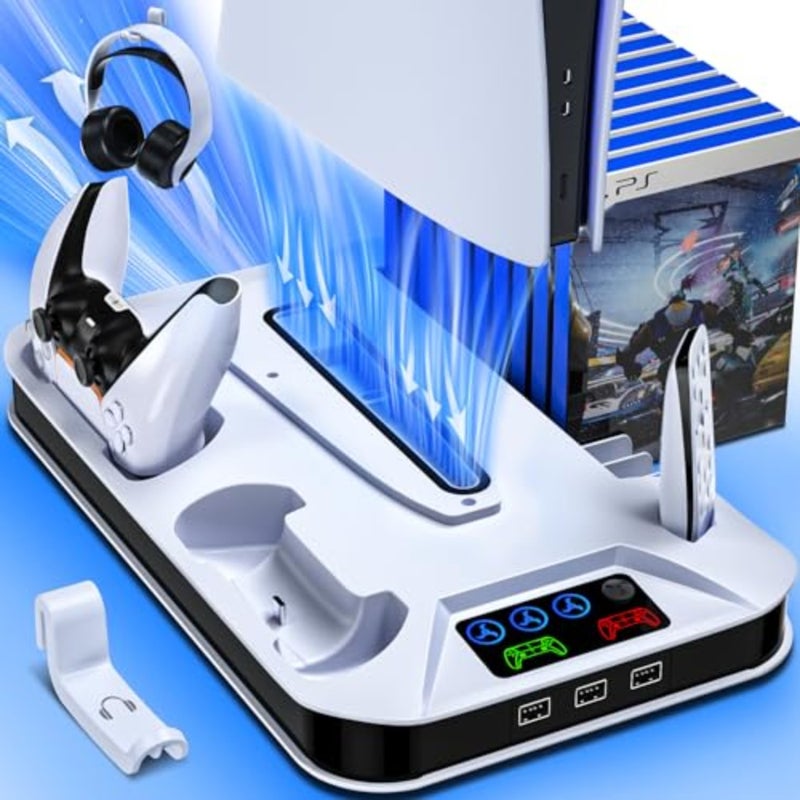PS5 Cooling Station with Controller Charging Station for PlayStation 5 Slim, Standard, and Pro Consoles USB-C USB-A Compatible 3-Port USB Hub Dual Cooling Fans Home Office Use Black - Image 1