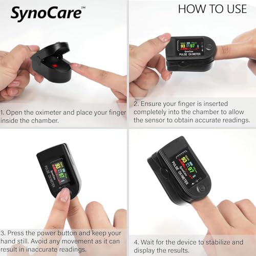 SYNOCARE Fingertip Pulse Oximeter, Blood Oxygen Saturation (SpO2) Monitor with Heart Rate Sensor & 4-Color TFT Display, Portable Oximeter for Home Use – Black (Battery Included) - Image 3