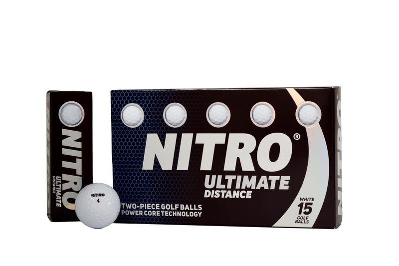 Nitro Long Distance High-Durability Golf Balls (15PK) All Levels Ultimate Distance Titanium Core High Velocity Great Stop & Sticking Ability Golf Balls USGA Approved-Total of 15-White
