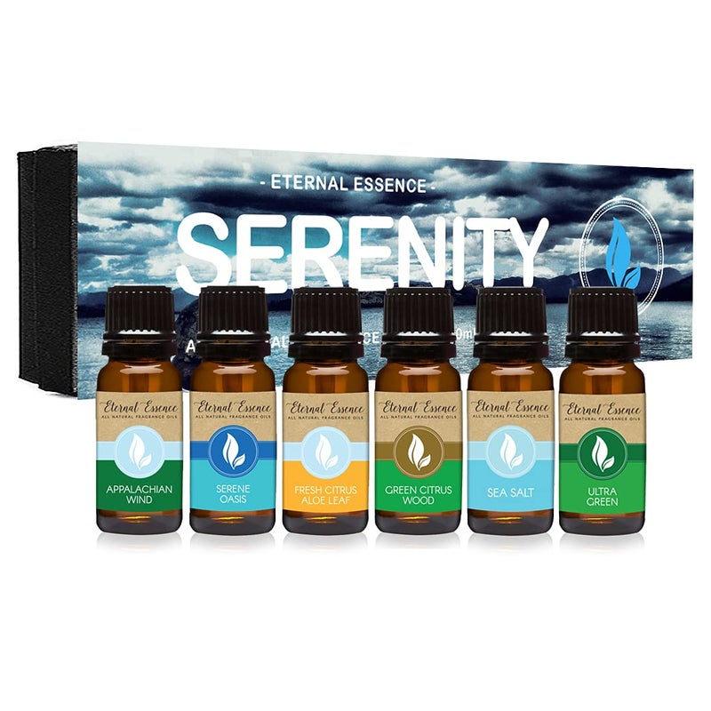 Eternal Essence Oils Eternal Essence Serenity Set of 6 Premium Fragrance Oils Includes Ultra Green Serene Oasis Green Citrus Wood Sea Salt Appalachian Wind and Fresh Citrus Aloe Leaf Scented Oils 10ML 