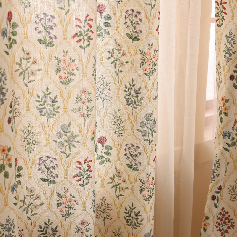 ISAENNE Vintage Semi Blackout Colorful Floral Curtains,Linen Home Decor Curtain with Grommets for Bedroom Living Room Kitchen Bedroom Window,2 Panels 53 Inches Wide by 71 Inches Long -Serenity B - Image 1
