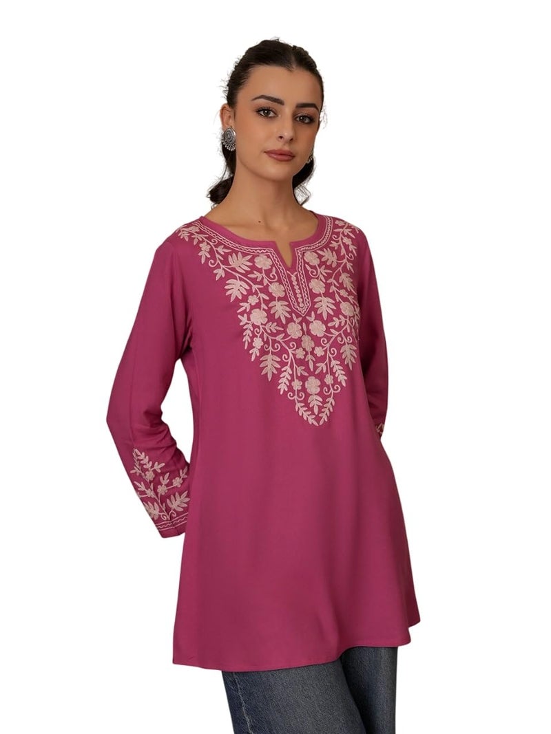 QAZMI Women's Kashmiri A-Line Full Sleeves Viscose Rayon Pink Flared Short Kurti_XL - Image 1