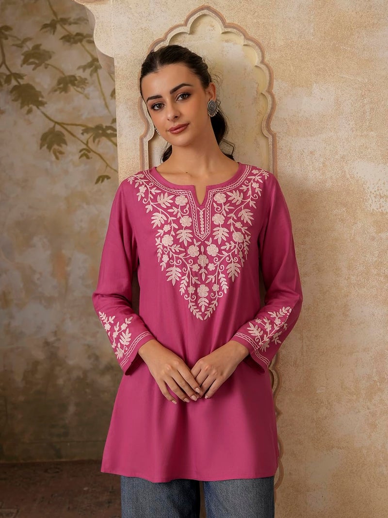 QAZMI Women's Kashmiri A-Line Full Sleeves Viscose Rayon Pink Flared Short Kurti_XL - Image 3