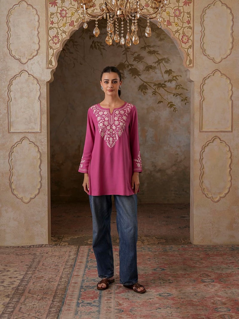 QAZMI Women's Kashmiri A-Line Full Sleeves Viscose Rayon Pink Flared Short Kurti_XL - Image 5