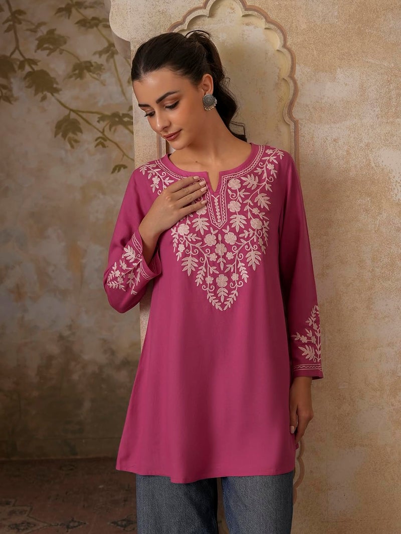 QAZMI Women's Kashmiri A-Line Full Sleeves Viscose Rayon Pink Flared Short Kurti_XL - Image 2